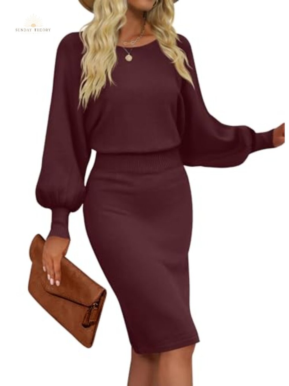 MIROL Women's Long Puff Sleeve Ribbed Knit Bodycon Midi Sweater Dress